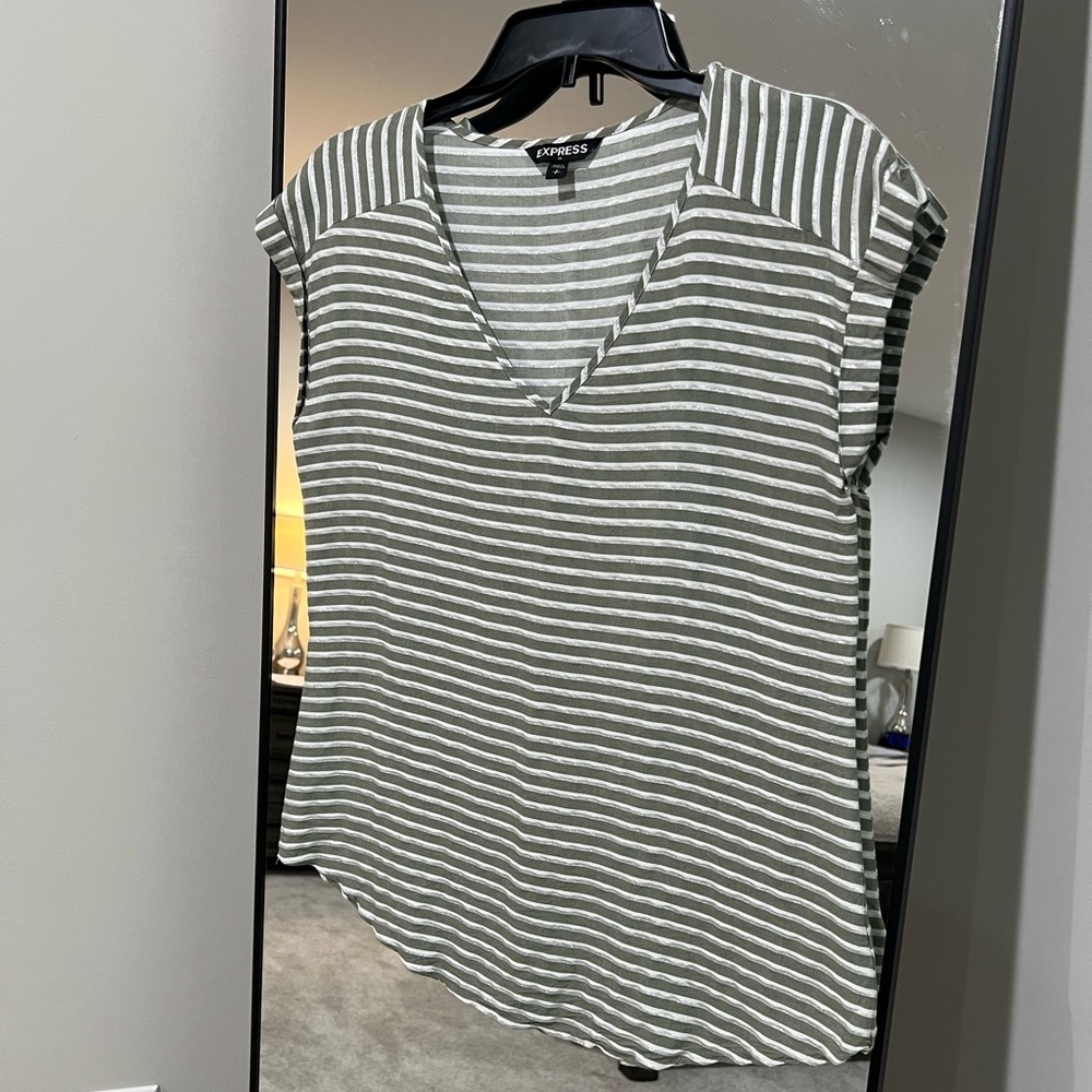 Express: Size Small, Green/White/Metallic striped V-Neck top